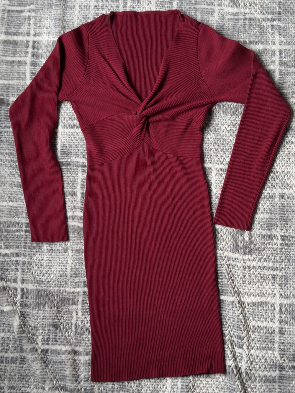 Boutique Burgundy Twist-Front Ribbed Knit Long Sleeve Dress (Size Large)🖤